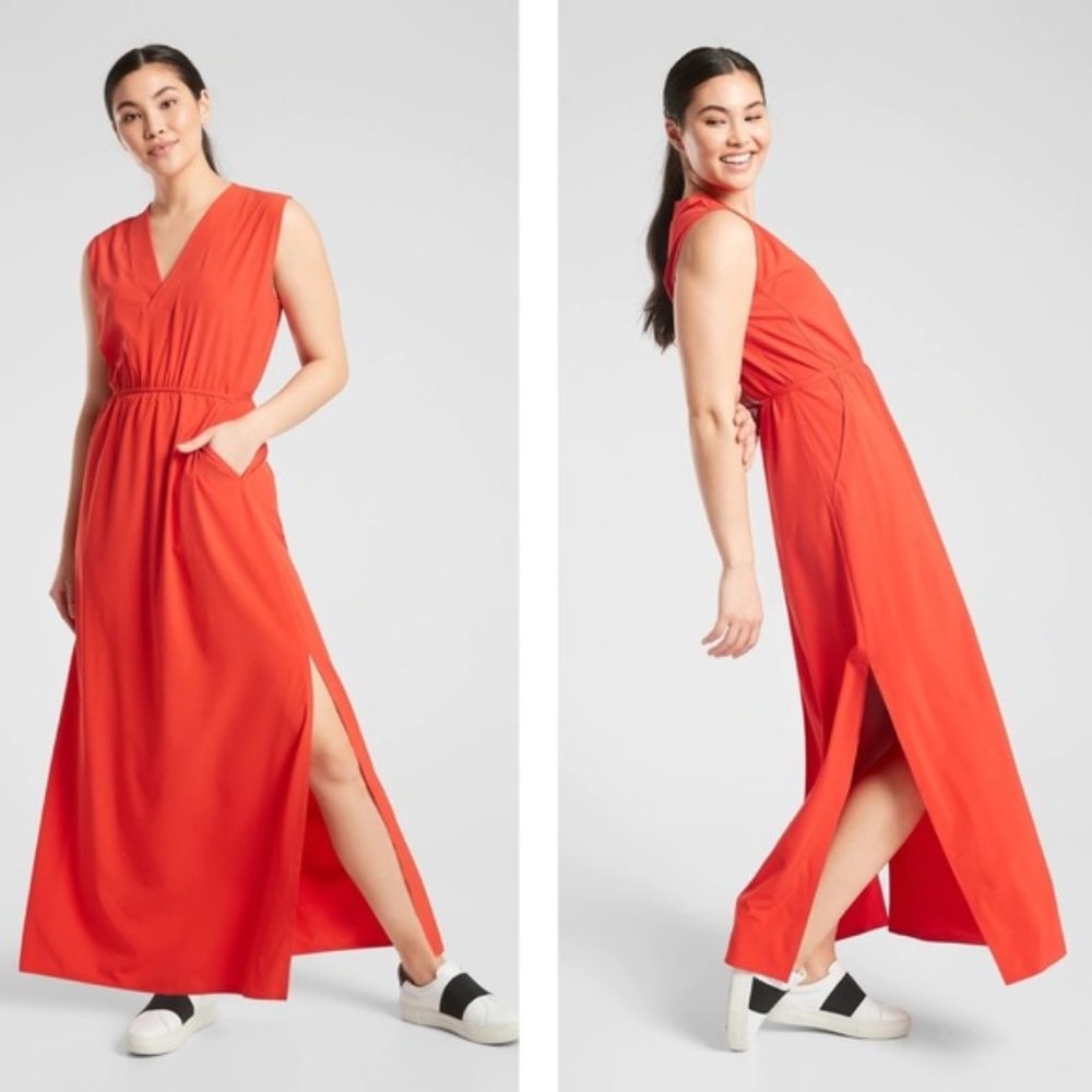 NEW Athleta Marlow Red Maxi Dress Adjustable Waist w/ Pockets - Size S